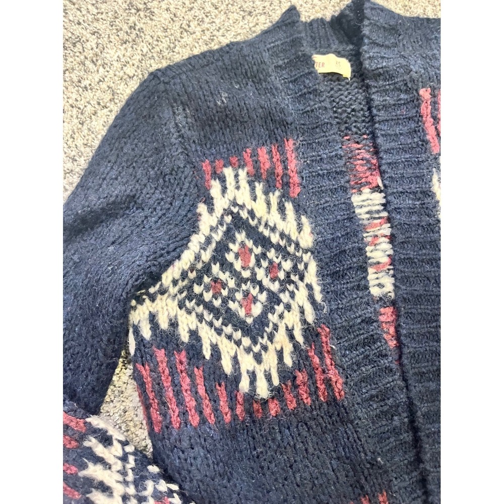 Hollister Fair Isle Geometric Knit Open‎ Front Cardigan Sweater Navy Burgundy XS - Picture 5 of 9